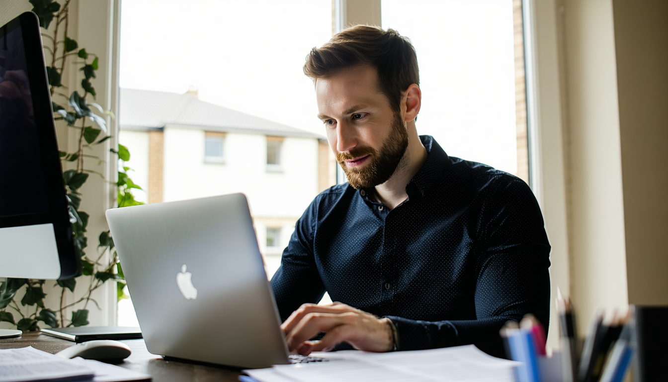 Company director reviewing accounts on a laptop