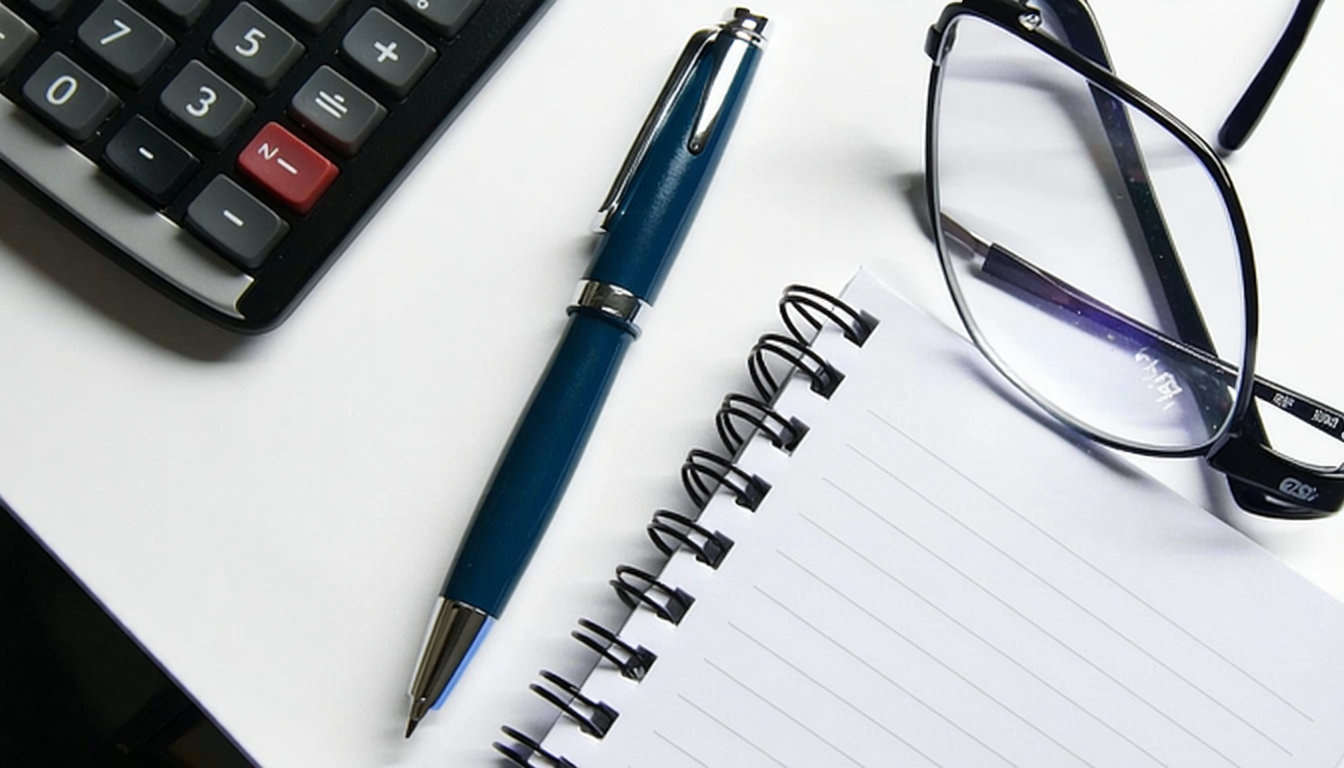 Calculator, pen and notebook on a desk
